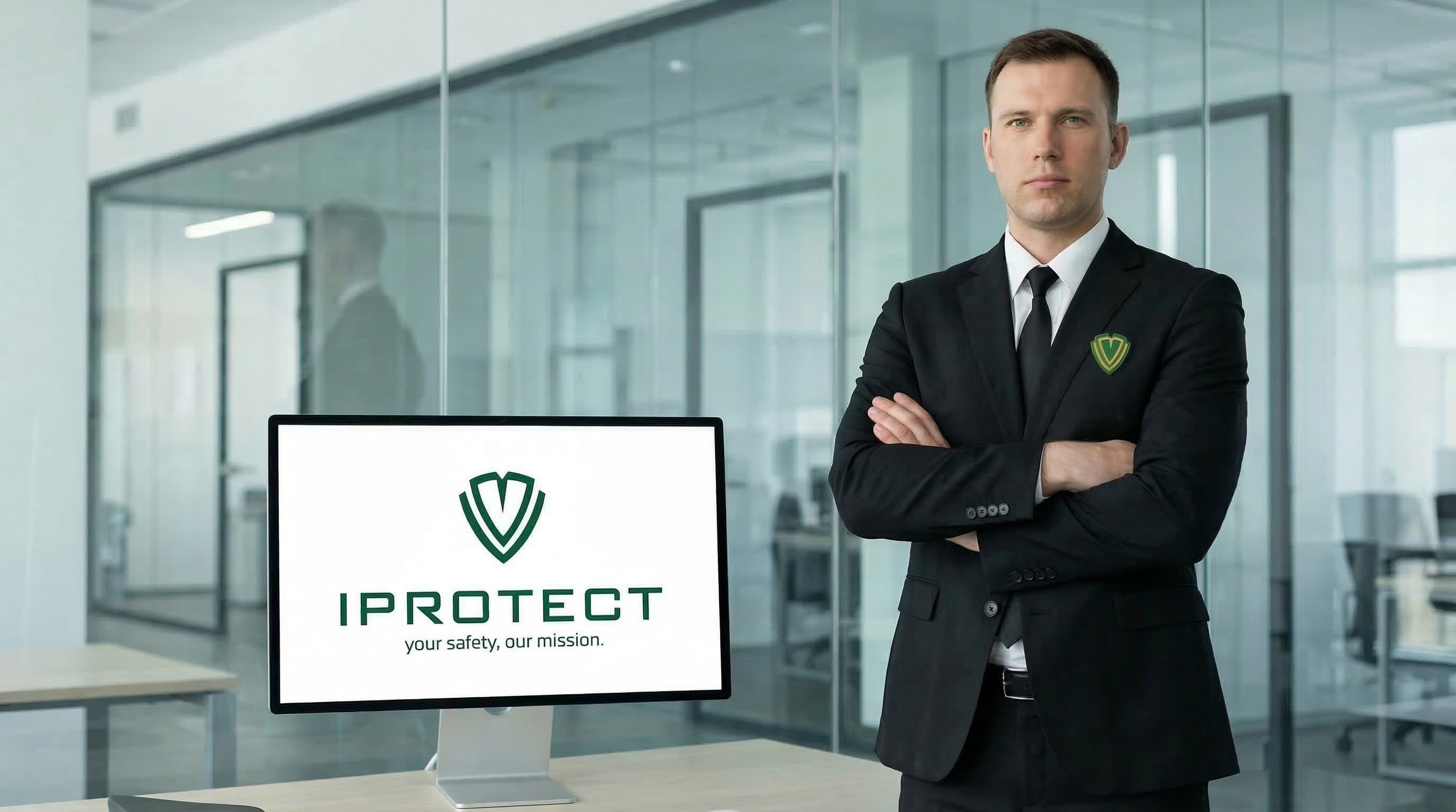Hình ảnh người nam đứng khoanh tay trong văn phòng, trên có pin cài logo Iprotect
